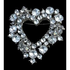 Vintage Crystal Rhinestone Silver-Tone & Roses Aurora Borealis Heart Brooch Pin